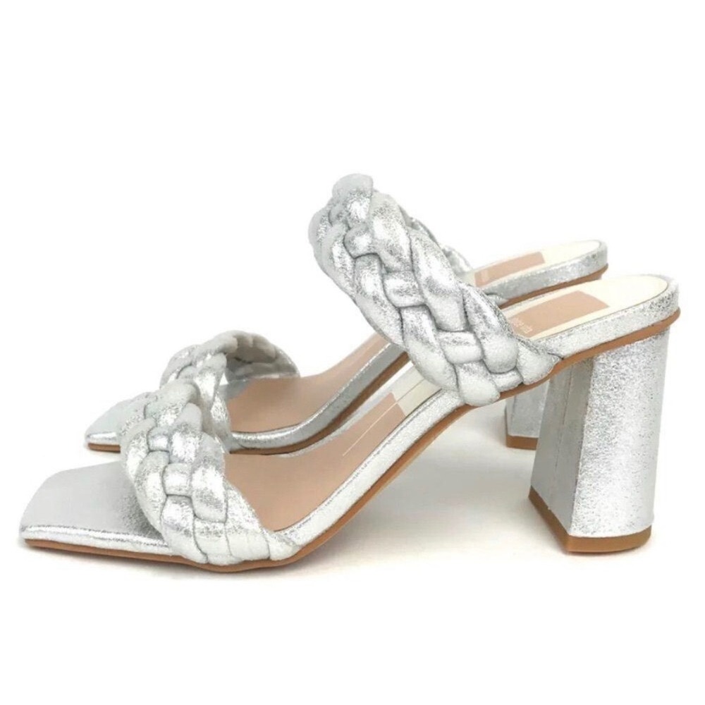 Dolce Vita Paily Braided Block Heel Sandals Silver Metallic Square Toe Womens 6